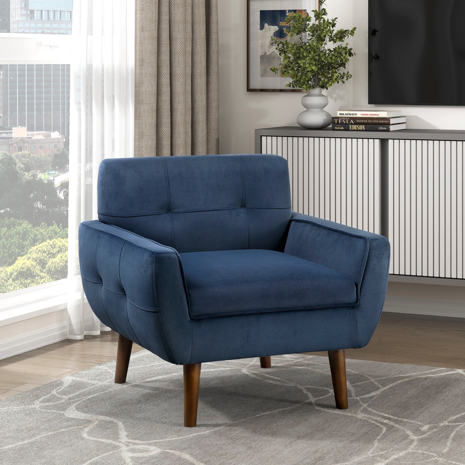 Navy Blue Accent Chair Upholstered Velvet Cushion Seat Back Tufted Contemporary Living Room Furniture 1pc