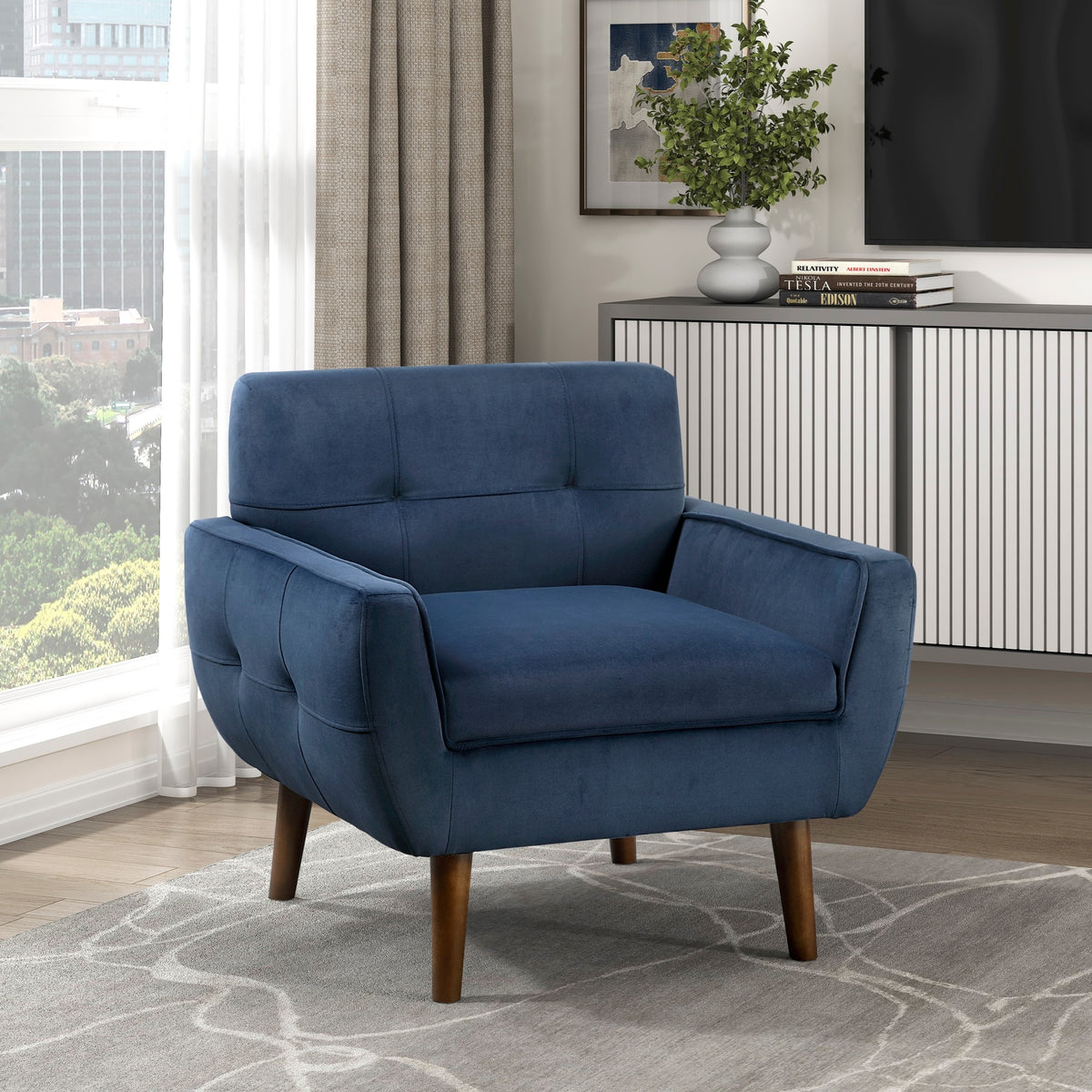Navy Blue Accent Chair Upholstered Velvet Cushion Seat Back Tufted Contemporary Living Room Furniture 1pc