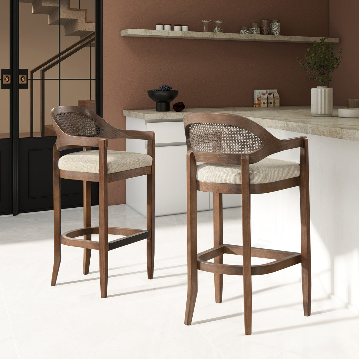 Americana Mid-Century Modern 30.5" Cane Back Bar Stool, Taupe Beige