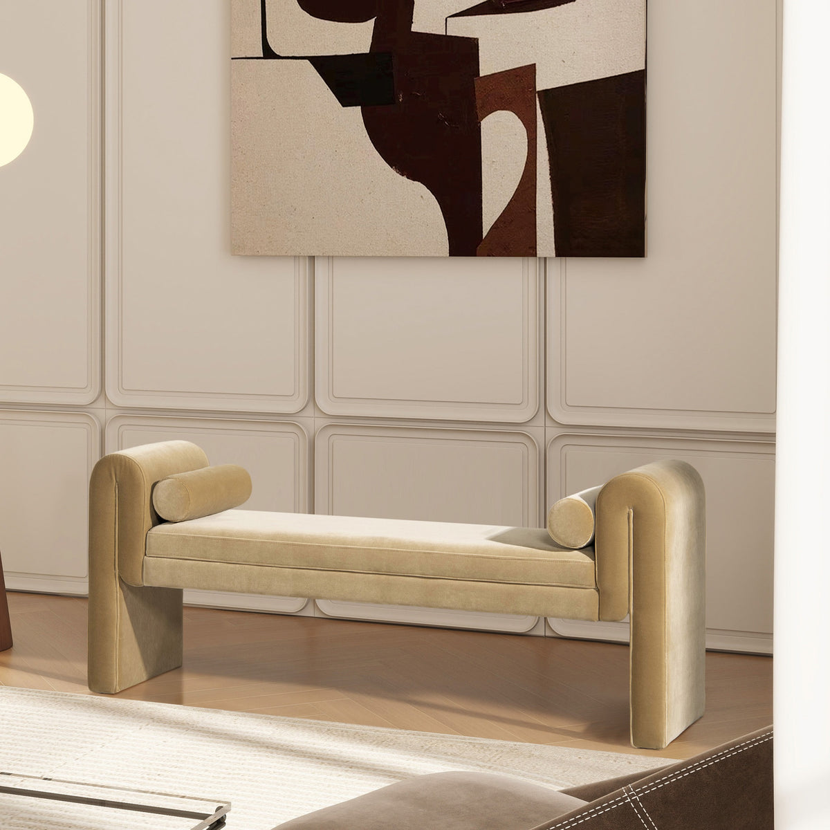 Mason 60.5" Arched Arm Bench with Bolster Pillows, Camel Brown Beige Performance Velvet