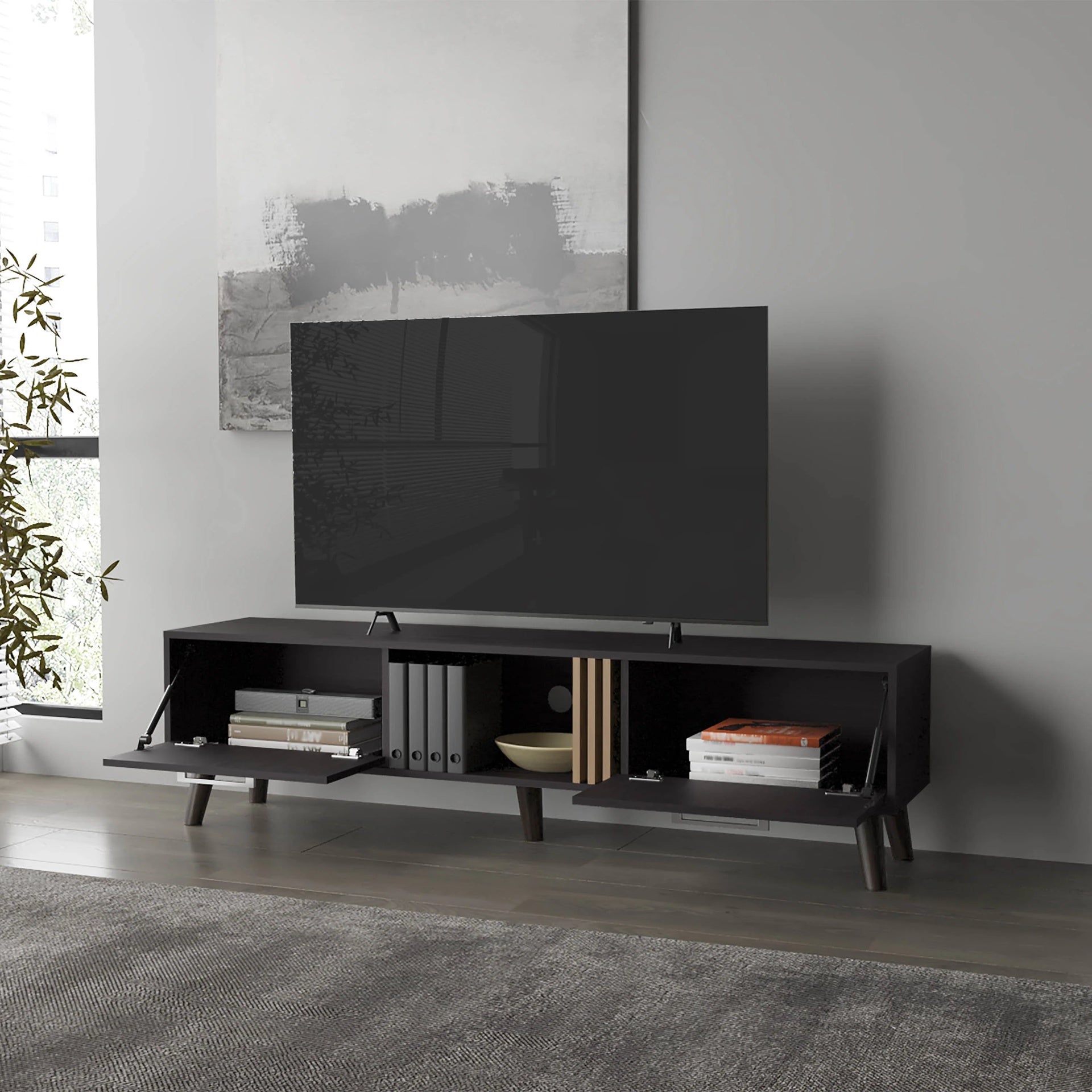 Wengue TV Stand with 2 Doors and Open Storage