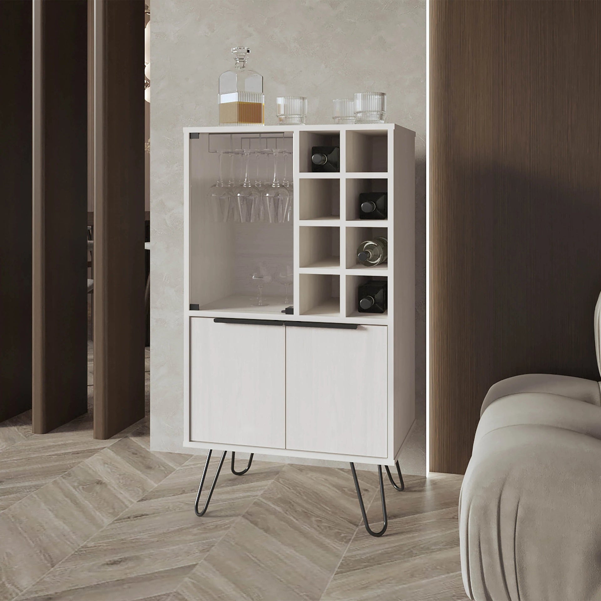 White Bar Cabinet with Glass Rack and Wine Storage