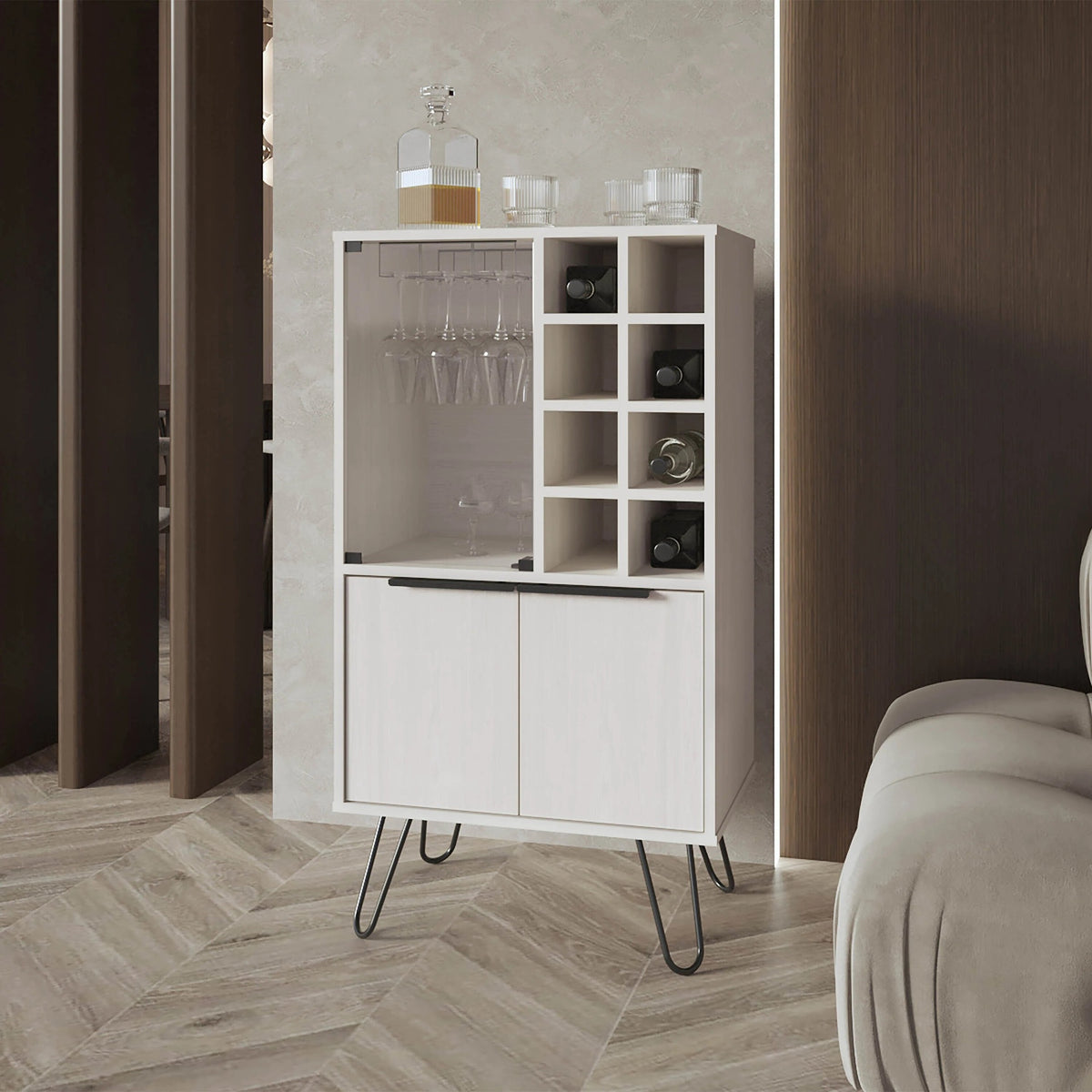 White Bar Cabinet with Glass Rack and Wine Storage