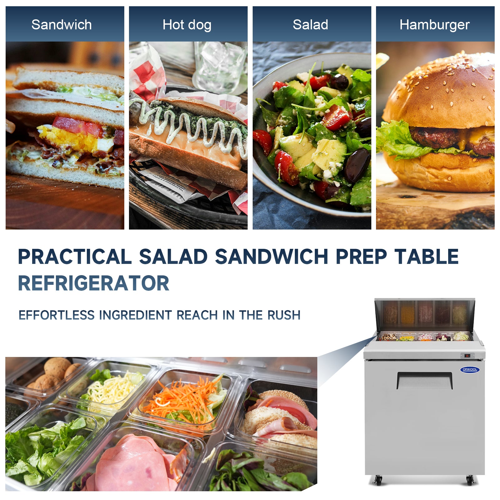 Orikool 29 IN Commercial Refrigerators Sandwich&Salad Prep Table with a Butcher Block Cutting Board, Protection Lid, Cold Storage, ETL Certified