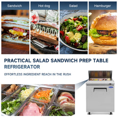 Orikool 29 IN Commercial Refrigerators Sandwich&Salad Prep Table with a Butcher Block Cutting Board, Protection Lid, Cold Storage, ETL Certified