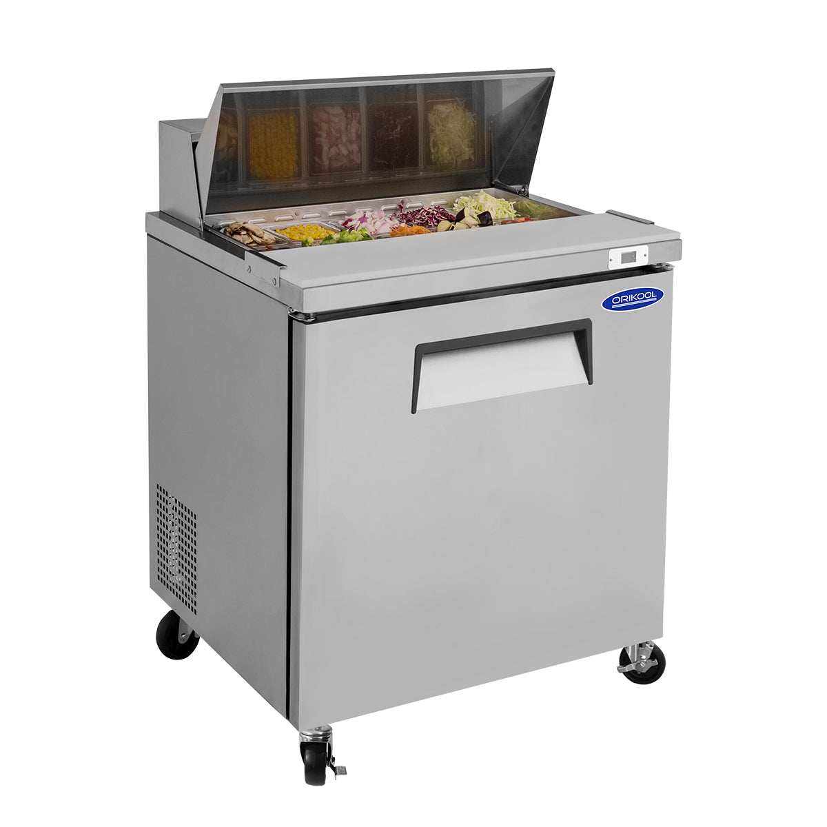 Orikool 29 IN Commercial Refrigerators Sandwich&Salad Prep Table with a Butcher Block Cutting Board, Protection Lid, Cold Storage, ETL Certified