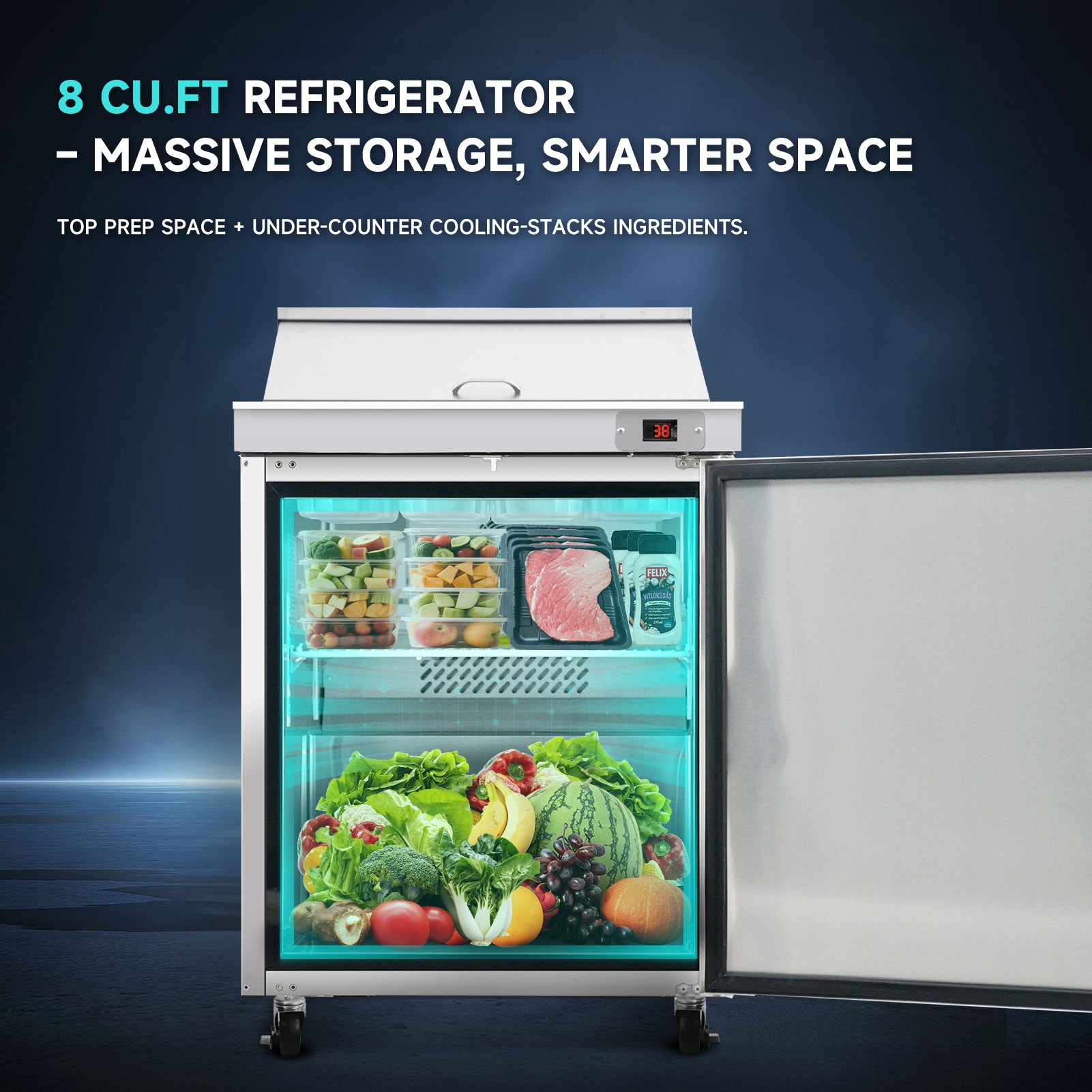 Orikool 29 IN Commercial Refrigerators Sandwich&Salad Prep Table with a Butcher Block Cutting Board, Protection Lid, Cold Storage, ETL Certified