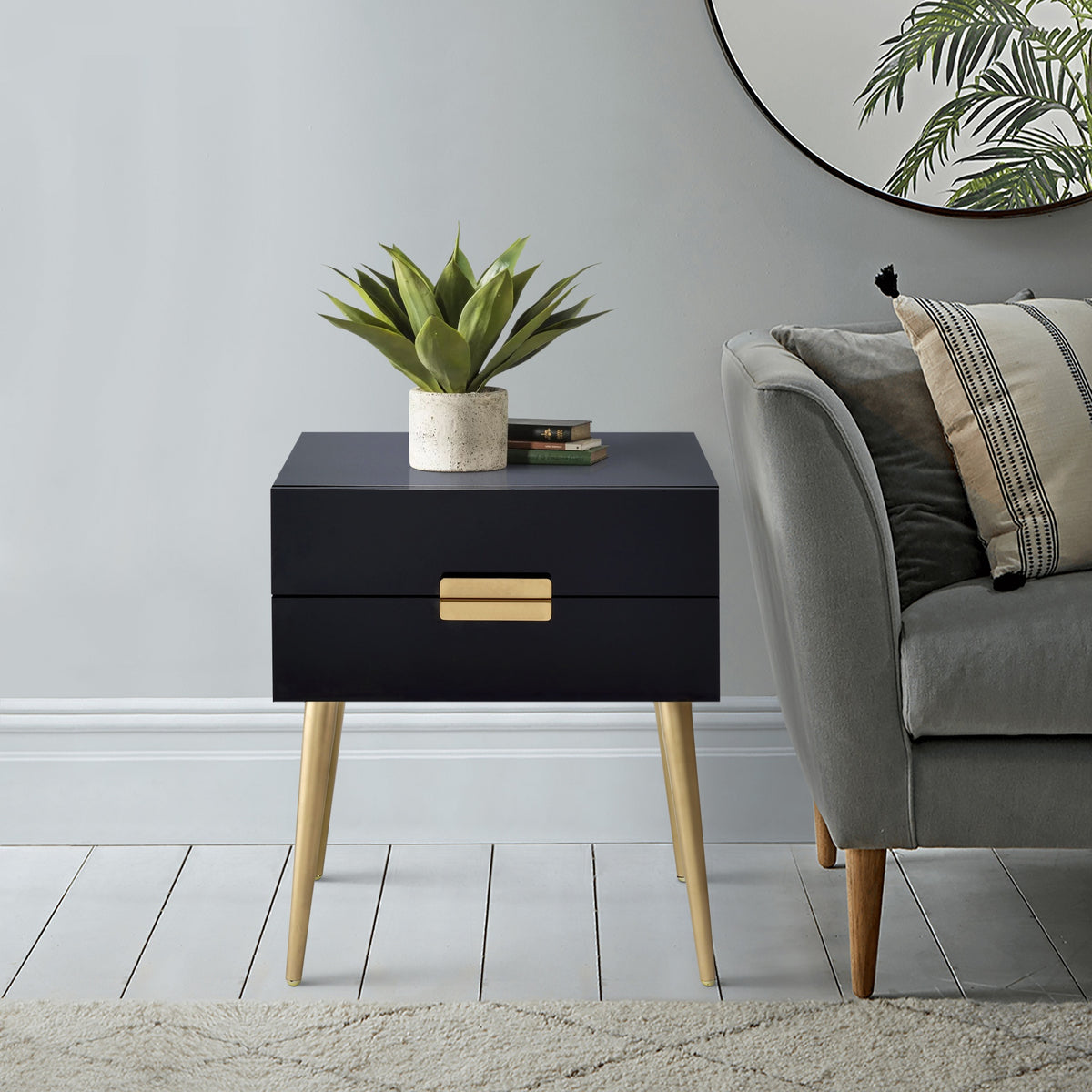 Black and Gold Side Table with 2 Drawer