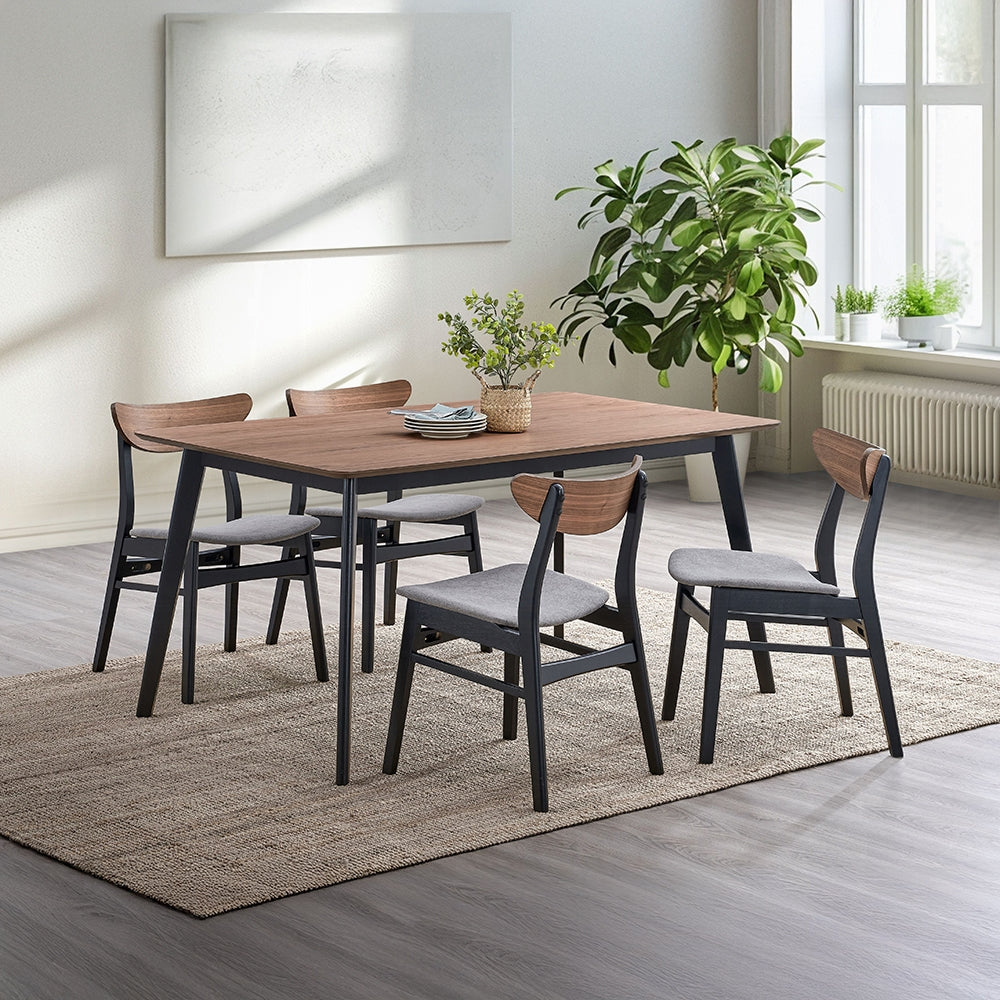 Contemporary 5pc Dining Set Black and Walnut Finish Table and 4 Side Chairs Padded Seat Wooden Kitchen Furniture