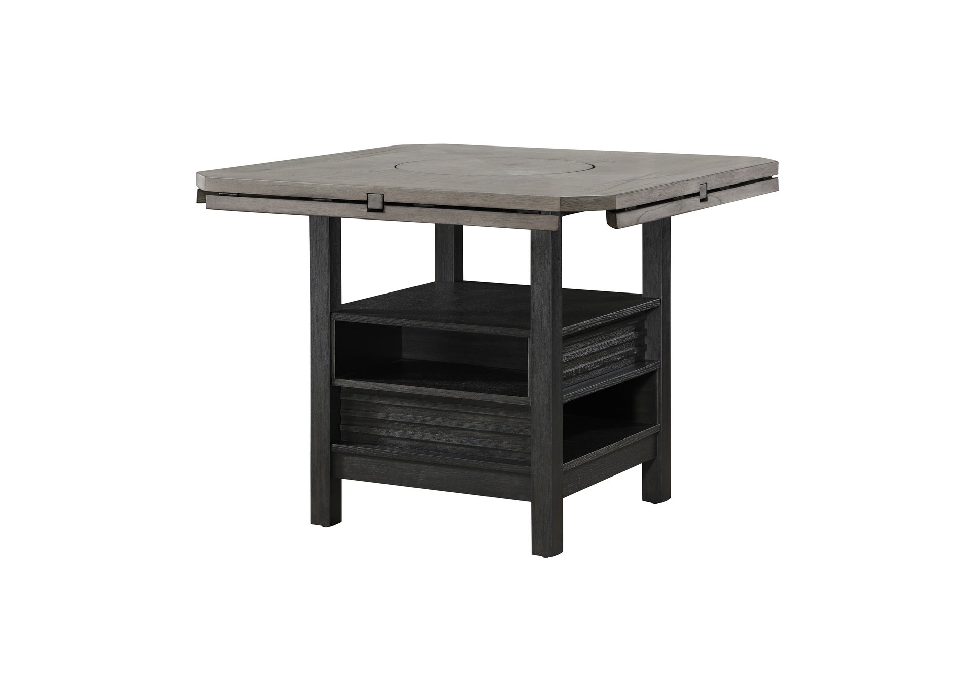 7pc Farmhouse Contemporary Counter Height Dining Set Storage Table Single Pedestal Round Black Gray Natural Grain Integrated Turntable Drop Leaves Built-in Shelving Fabric Upholstery Chairs