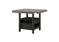 7pc Farmhouse Contemporary Counter Height Dining Set Storage Table Single Pedestal Round Black Gray Natural Grain Integrated Turntable Drop Leaves Built-in Shelving Fabric Upholstery Chairs