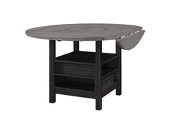 7pc Farmhouse Contemporary Counter Height Dining Set Storage Table Single Pedestal Round Black Gray Natural Grain Integrated Turntable Drop Leaves Built-in Shelving Fabric Upholstery Chairs