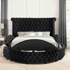 Glam 1pc Queen Size Bed Round Storage Black Velvet Like Acrylic Button-Tufted Wingback Design Bedroom Furniture