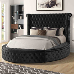 Glam 1pc Queen Size Bed Round Storage Black Velvet Like Acrylic Button-Tufted Wingback Design Bedroom Furniture