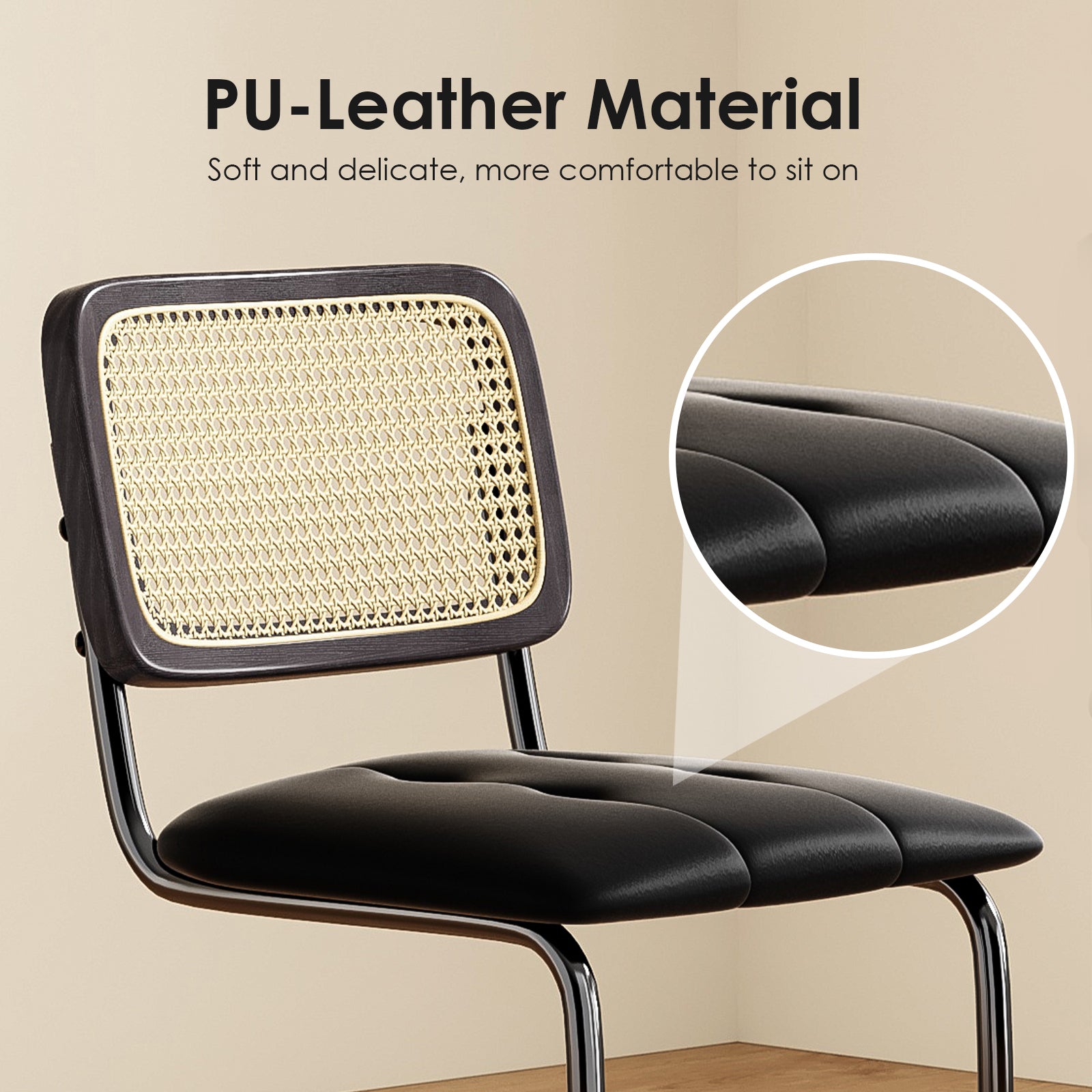 Counter Height Bar Stools Set of 2, Upholstered PU Leather Barstools with Rattan Back, 30 inch Stools Armless Bar Chairs for Kitchen Island, Black
