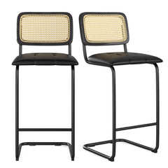 Counter Height Bar Stools Set of 2, Upholstered PU Leather Barstools with Rattan Back, 30 inch Stools Armless Bar Chairs for Kitchen Island, Black