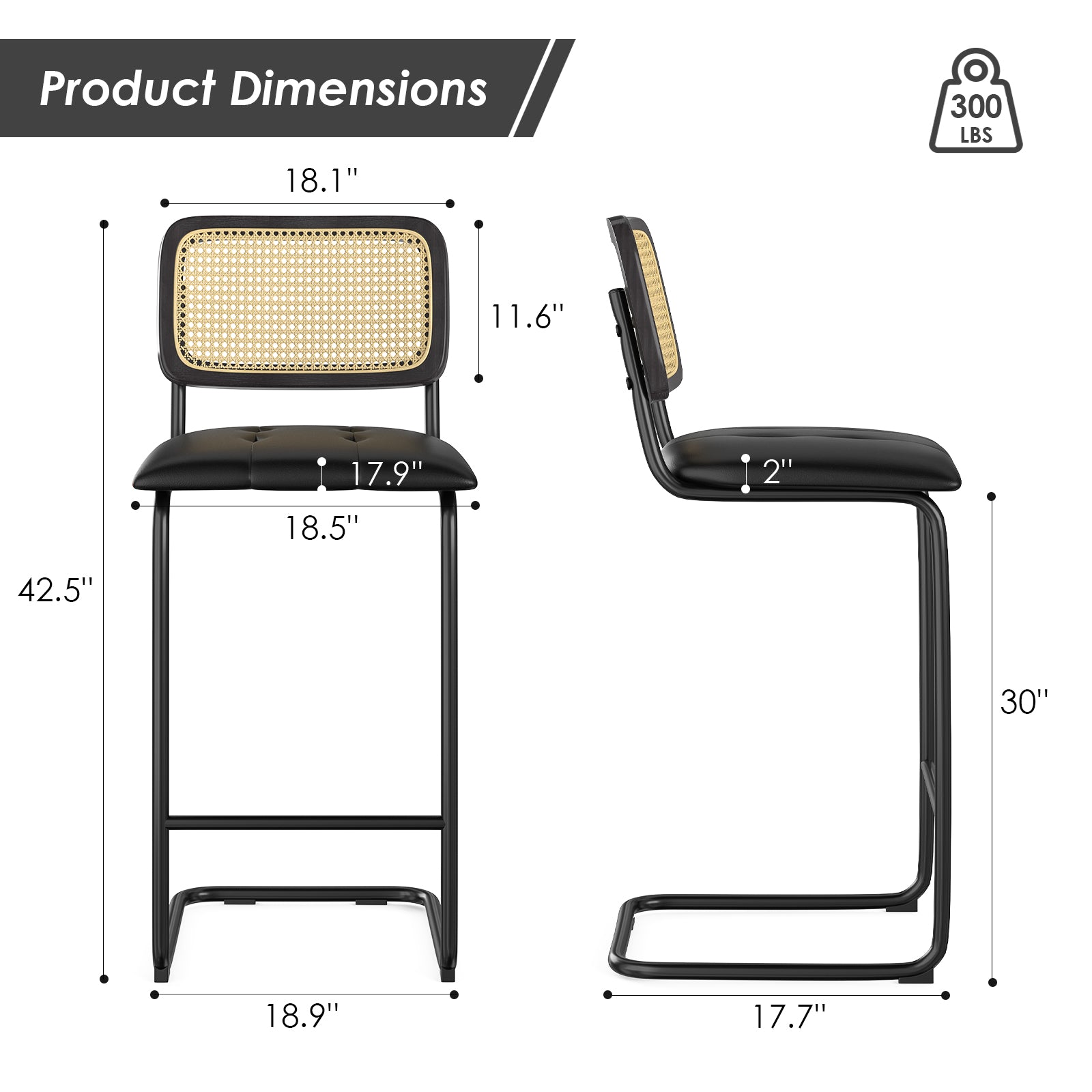 Counter Height Bar Stools Set of 2, Upholstered PU Leather Barstools with Rattan Back, 30 inch Stools Armless Bar Chairs for Kitchen Island, Black