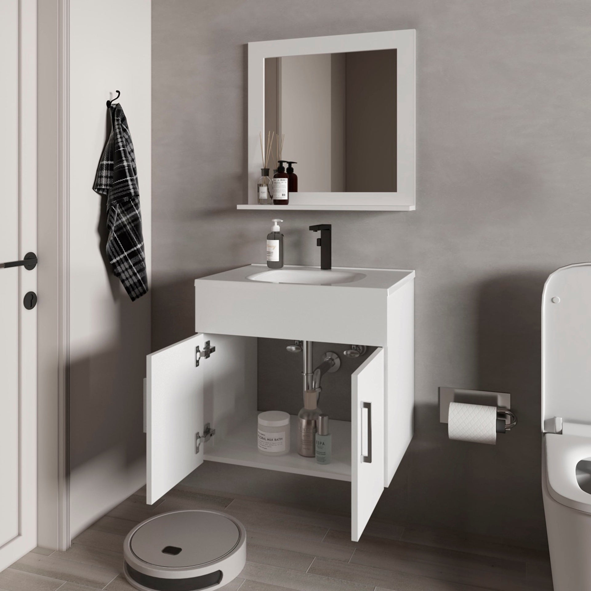 White 2-Door Floating Bathroom Vanity Set with Sink and Mirror