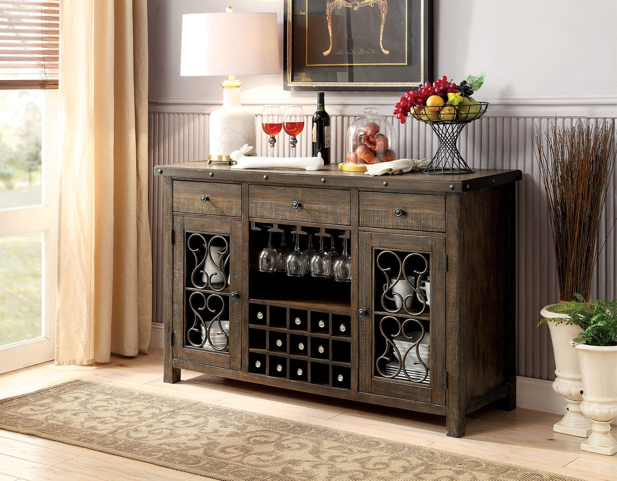 Rustic Walnut 1pc Server Solidwood Metal Functional Storage Drawers Server Scroll Details