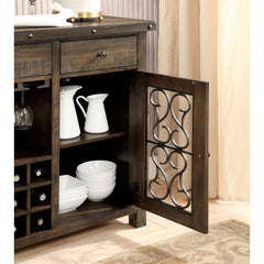 Rustic Walnut 1pc Server Solidwood Metal Functional Storage Drawers Server Scroll Details