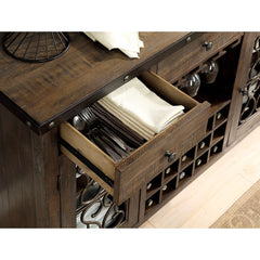 Rustic Walnut 1pc Server Solidwood Metal Functional Storage Drawers Server Scroll Details