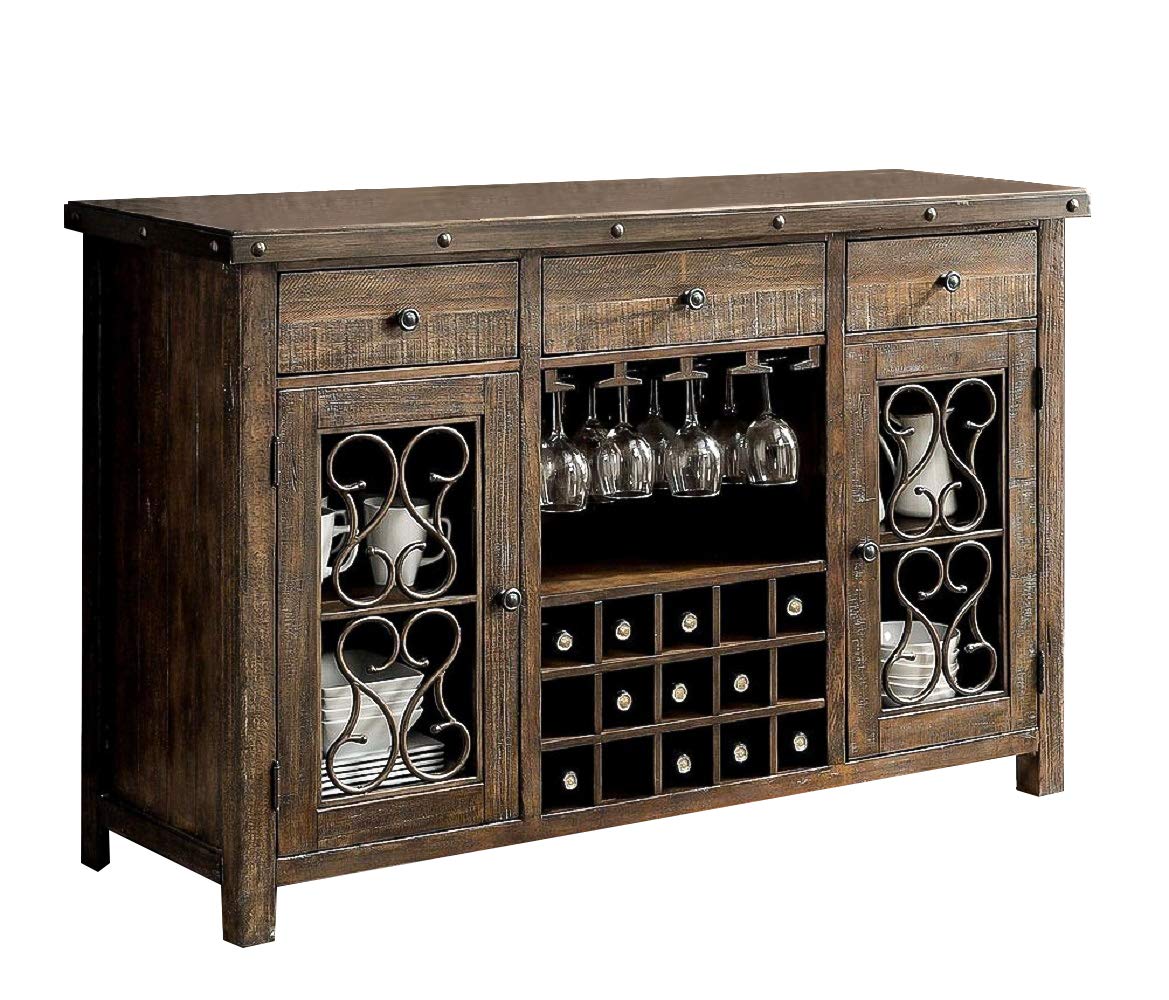 Rustic Walnut 1pc Server Solidwood Metal Functional Storage Drawers Server Scroll Details