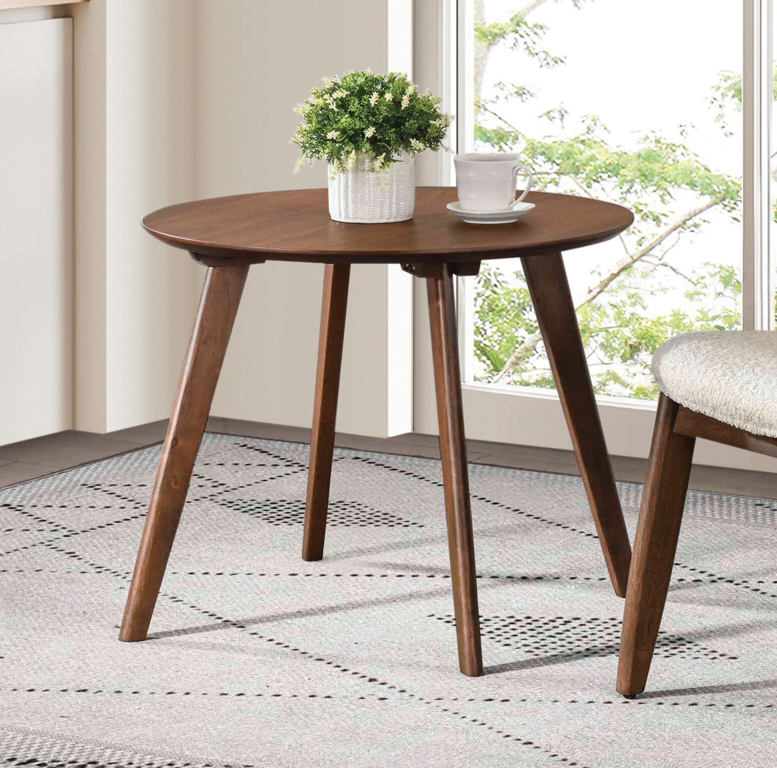 Contemporary Round Mid-Century Side Table With tapered Legs Walnut