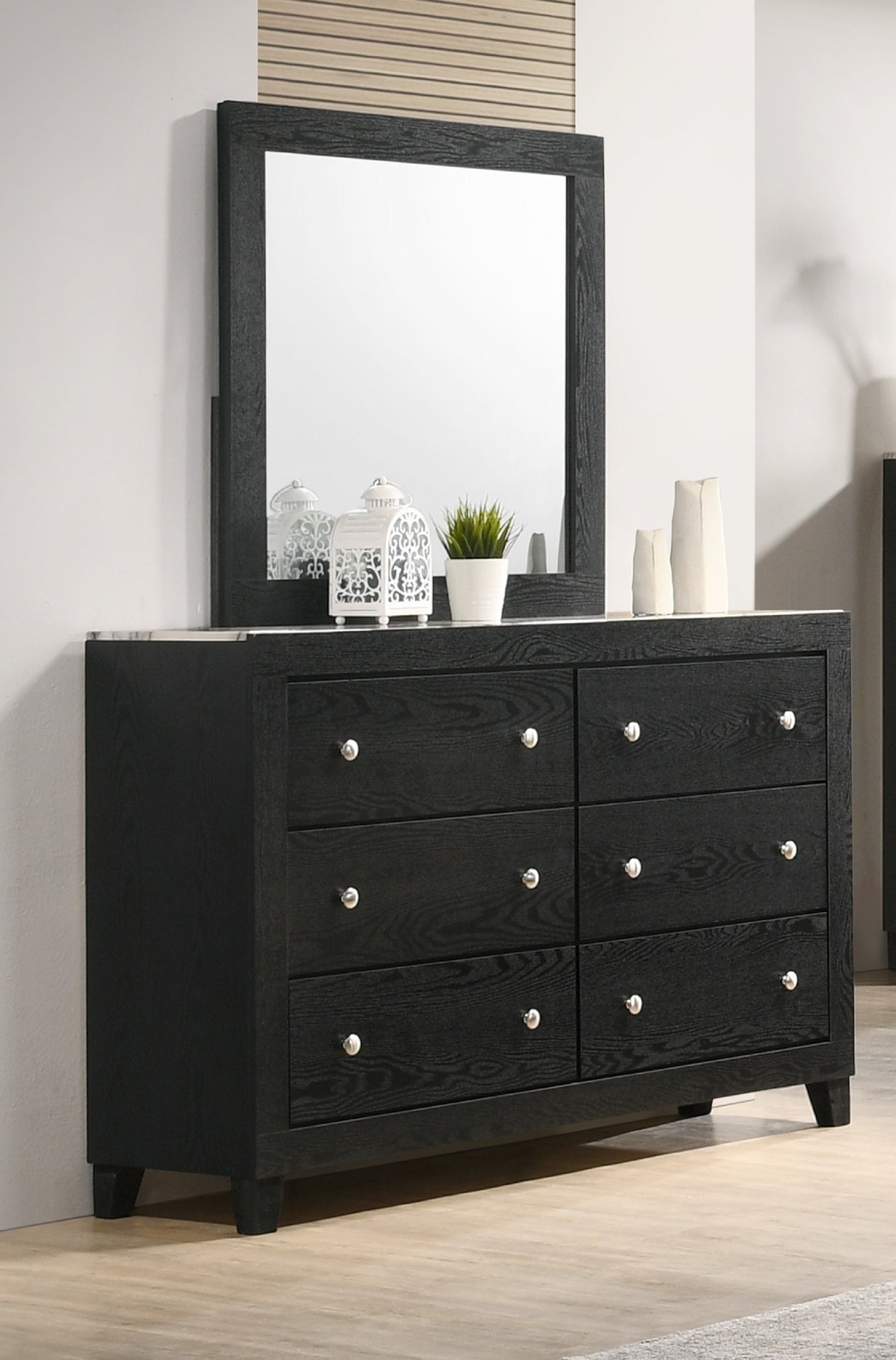 1pc Contemporary Modern White Faux Marble Top 6 Drawers Dresser Black Finish Bedroom Furniture