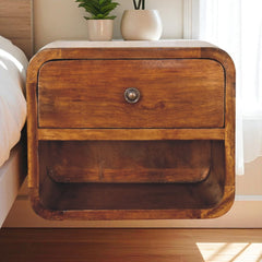 Solid Wood Mini Curve Floating Nightstand, 1-Drawer, 1 Open Slot, Chestnut