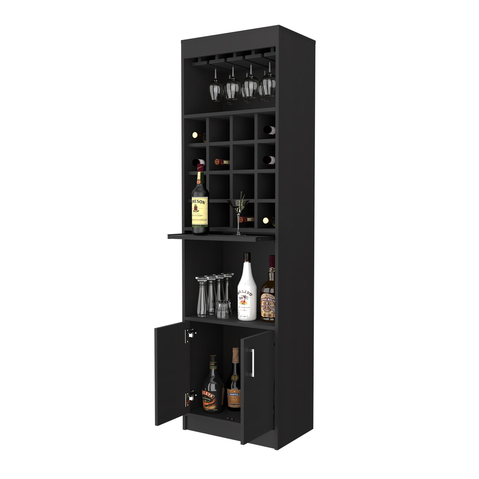 Myers  Bar Cabinet, Two Shelves, Double Door Cabinet, Six Built-in Wine Rack