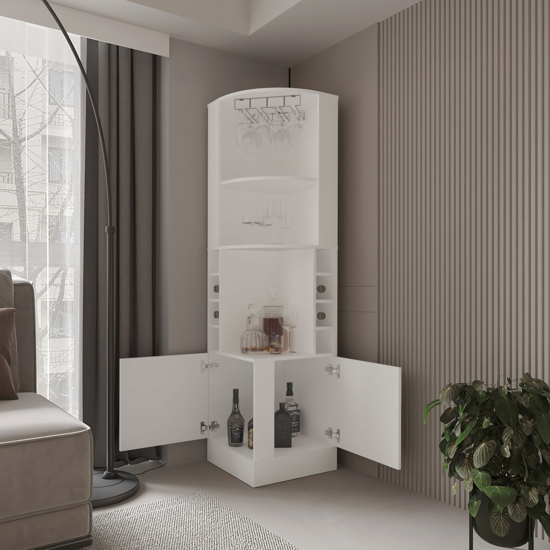 FM FURNITURE Page Corner Bar Cabinet with Wine Storage and Glass Rack. White