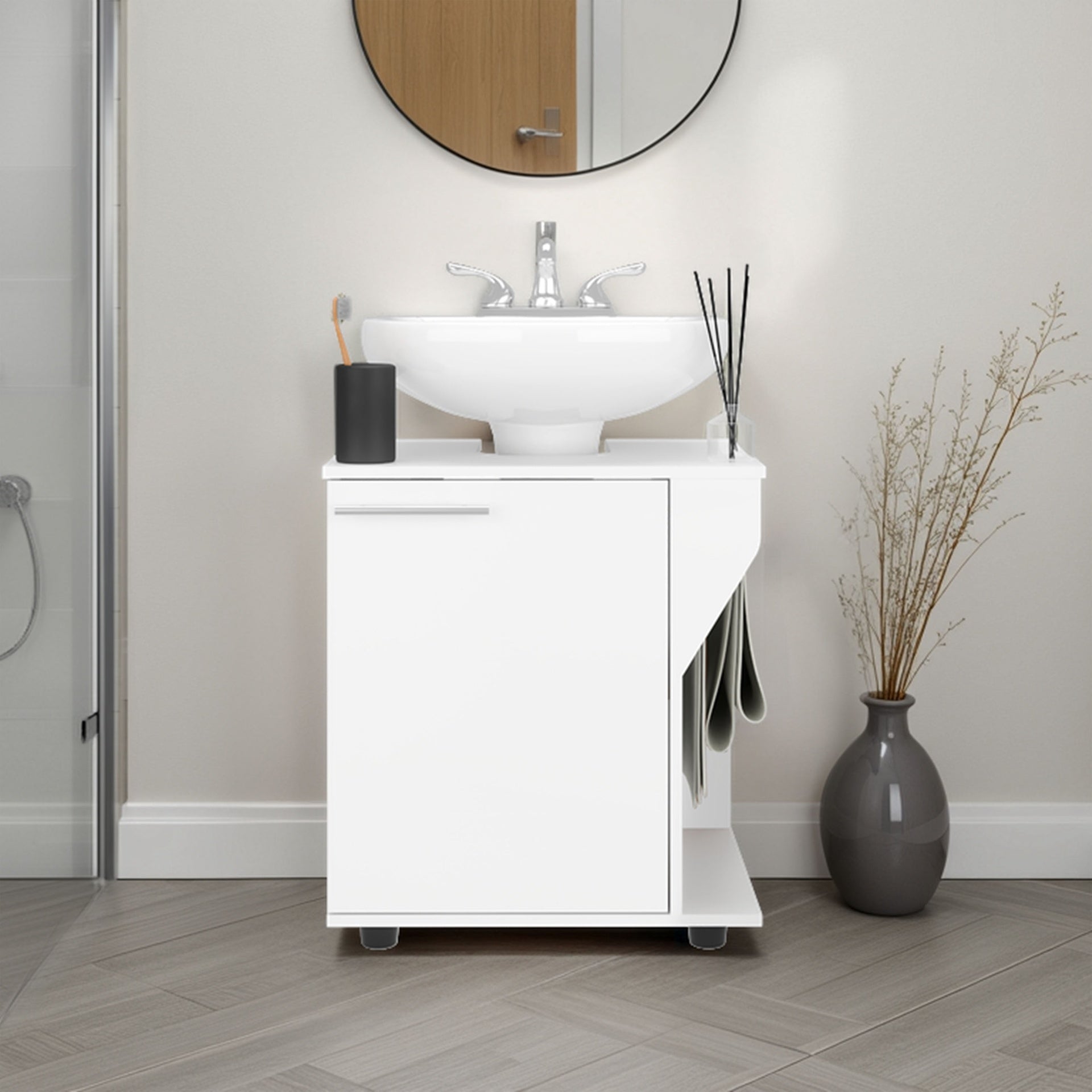 FM FURNITURE Gila Bend Under Sink Storage Cabinet, Compact Design, with Two Shelves for Organizing Bathroom Items, White
