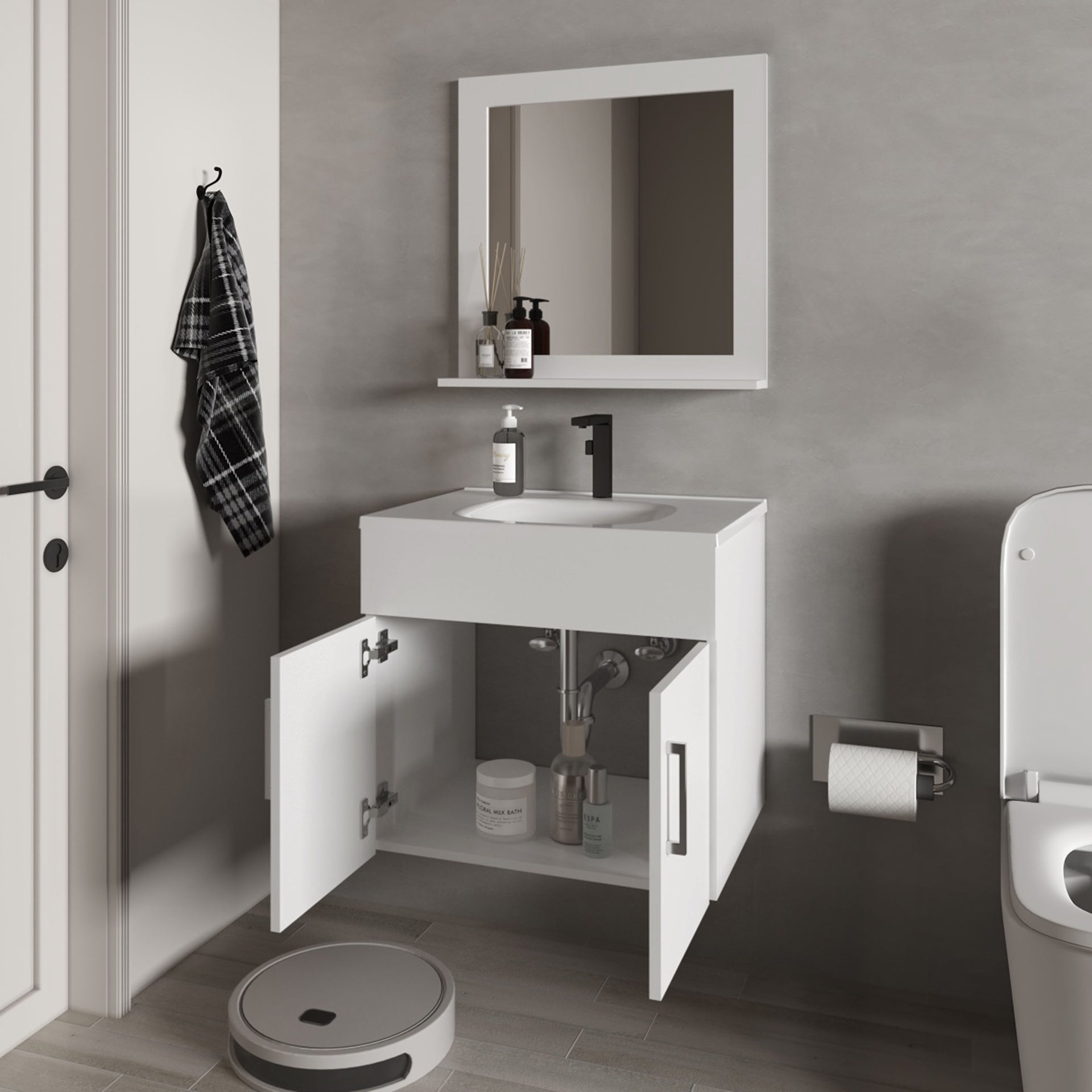Slater Floating Bathroom Vanity Set with Sink, Two-Door Cabinet, and Mirror,White