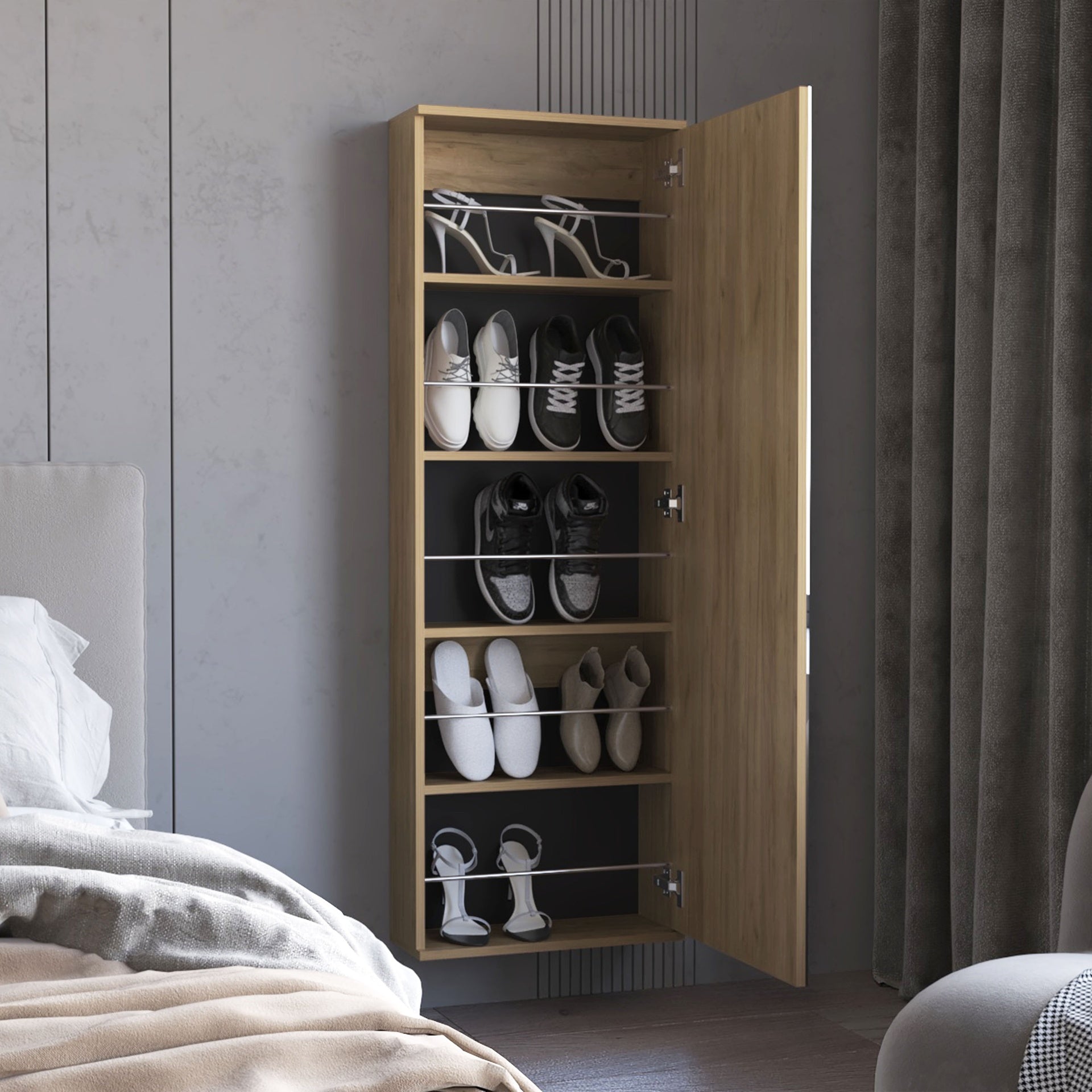 FM FURNITURE Queen Creek Shoe Rack with Mirror and One Door, Natural Oak