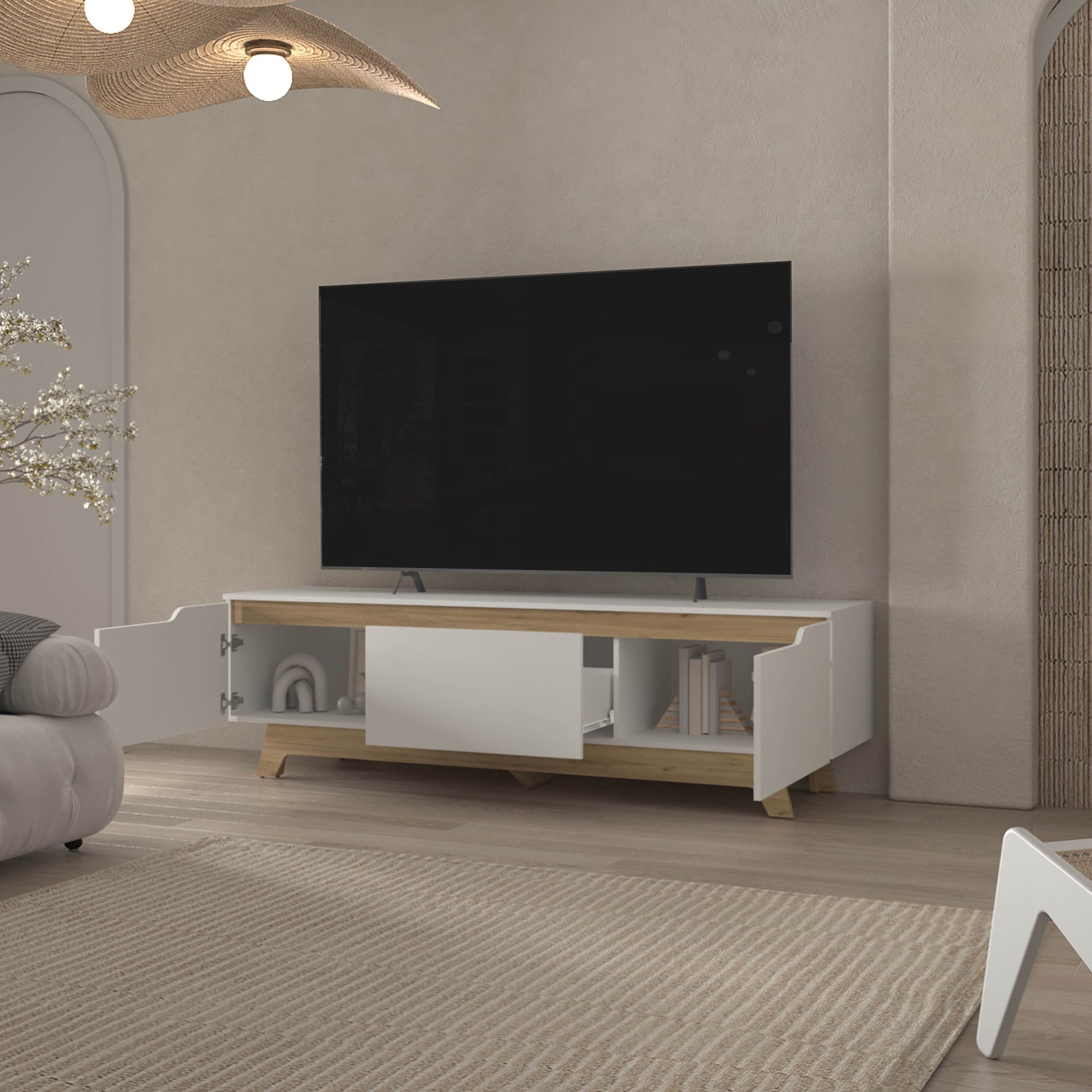 FM FURNITURE Lyman Entertainment Center with Two Doors. White and Natural Oak