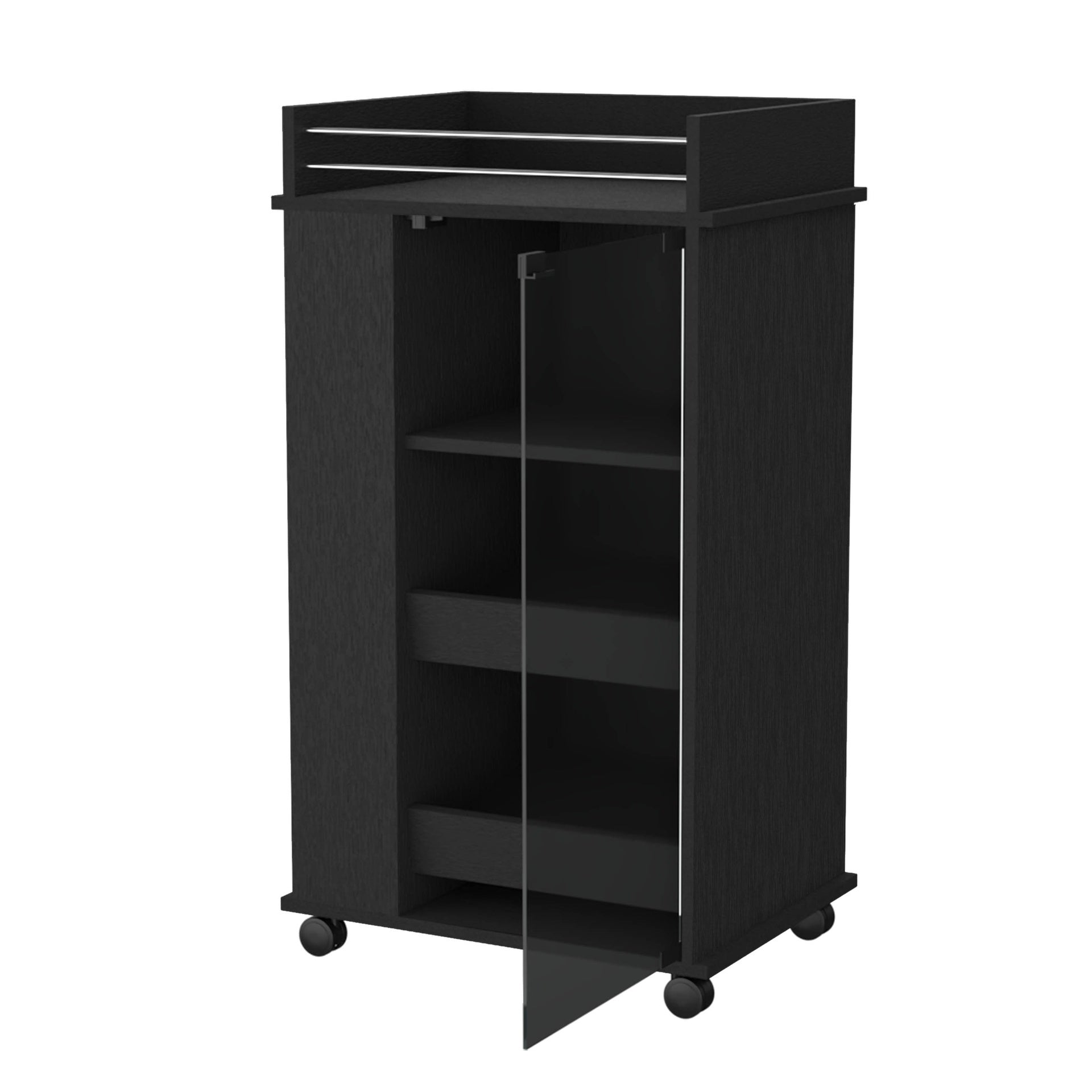 Lusk Bar Cart with 2-Bottle Holder Shelf, Glass Door and Casters