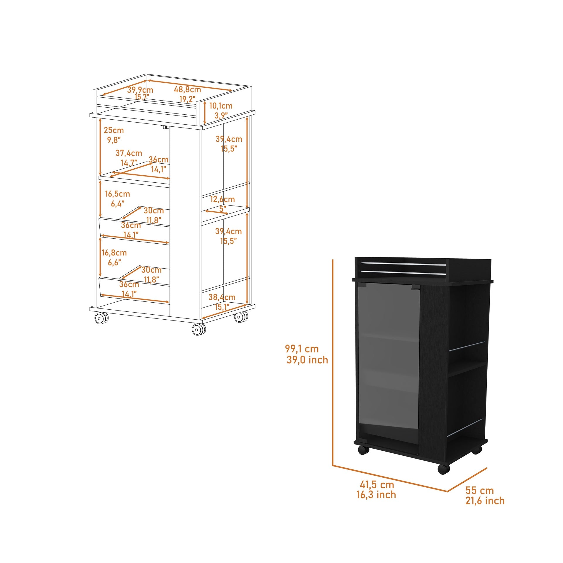 Lusk Bar Cart with 2-Bottle Holder Shelf, Glass Door and Casters