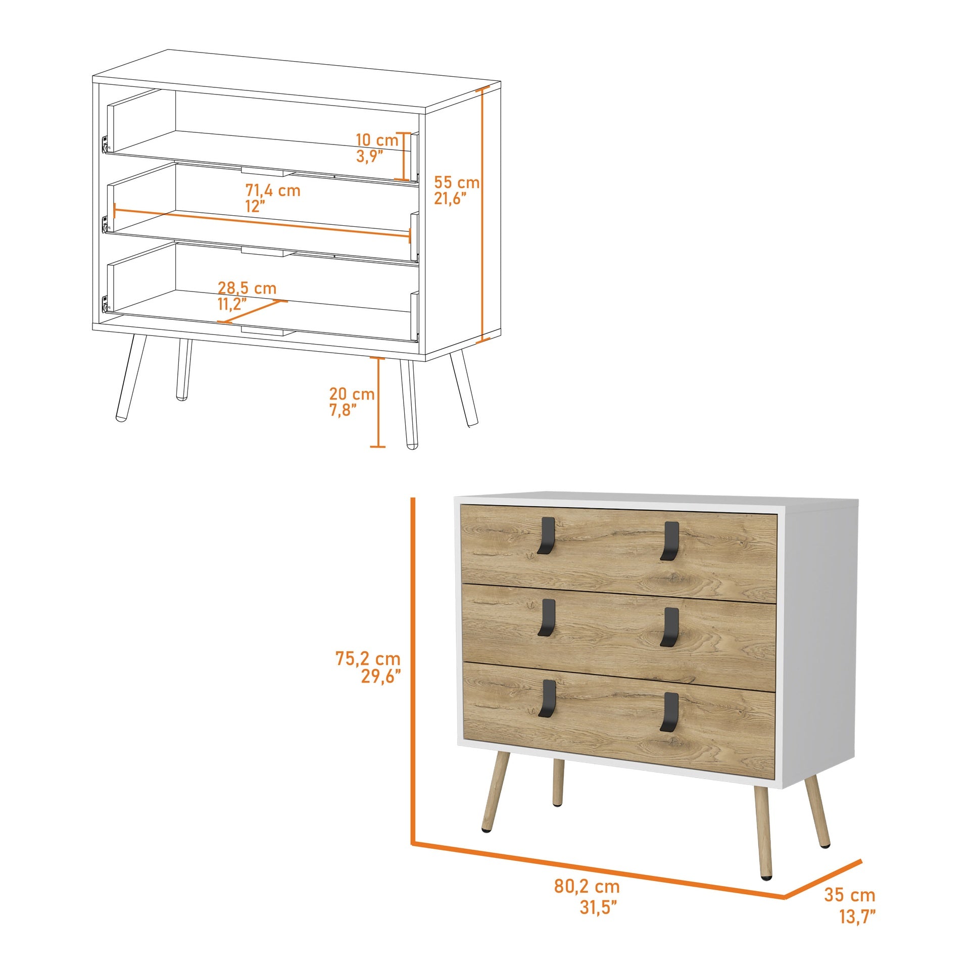 Kimball 3-drawer Dresser, Modern Chic Storage with Wooden Legs