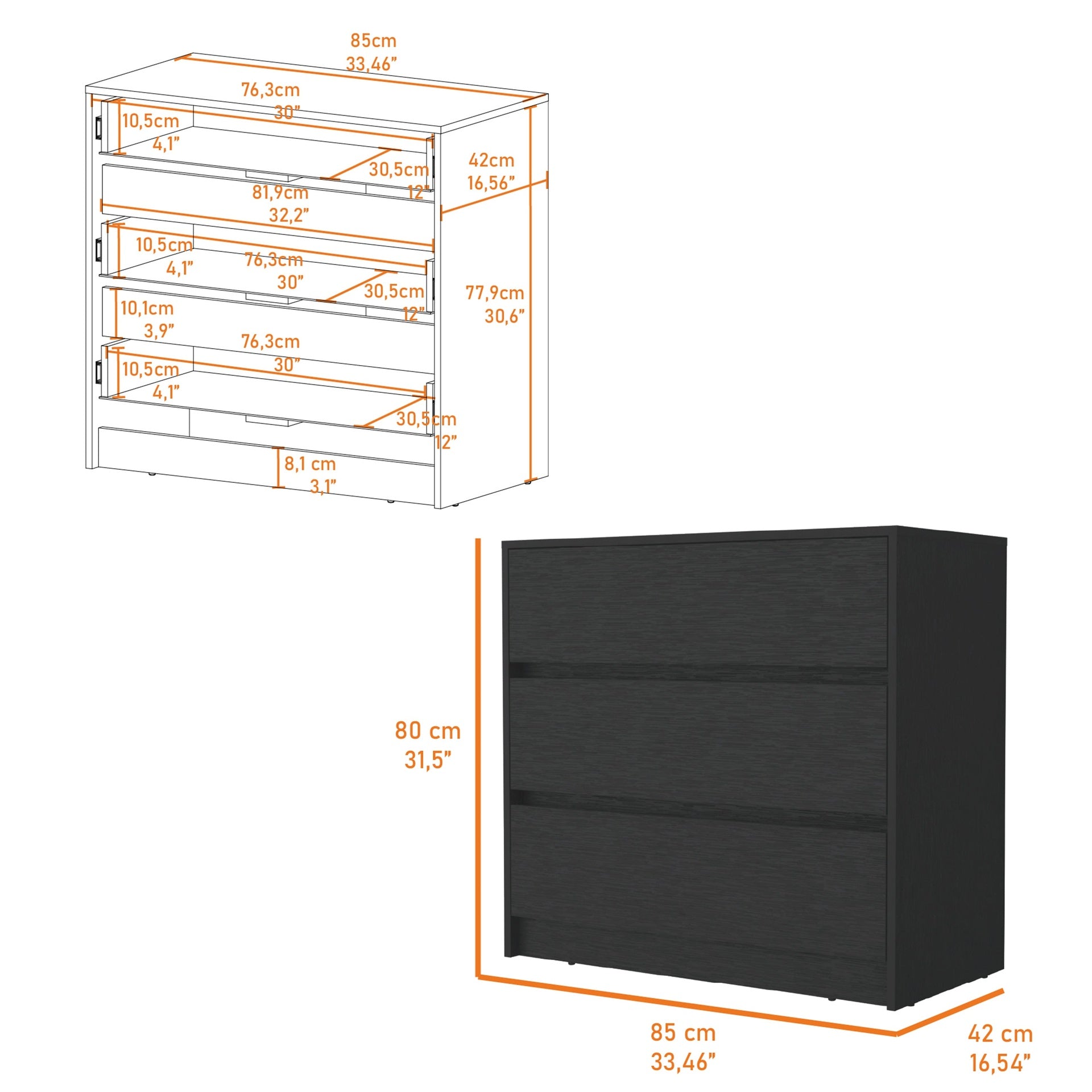 Avra 3 Drawer Dresser, Manufactured Wood Top and Front Chest of Drawers