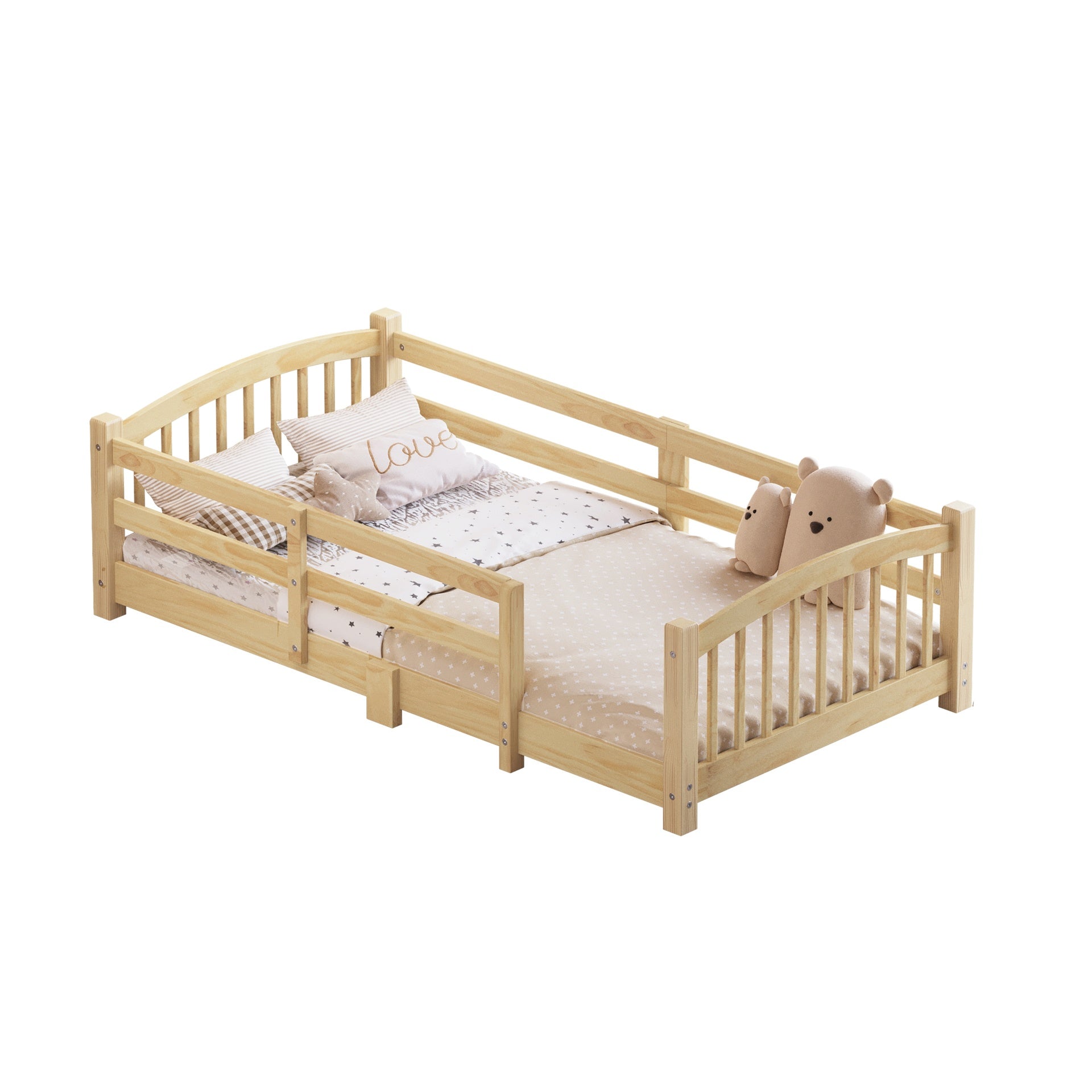 Twin Montessori Floor Bed with Slats and Safety Guardrails, Solid Wood Floor Bed with Fence and Without Door, Easy Assemble Montessori Bed for Girls and Boys, Natural