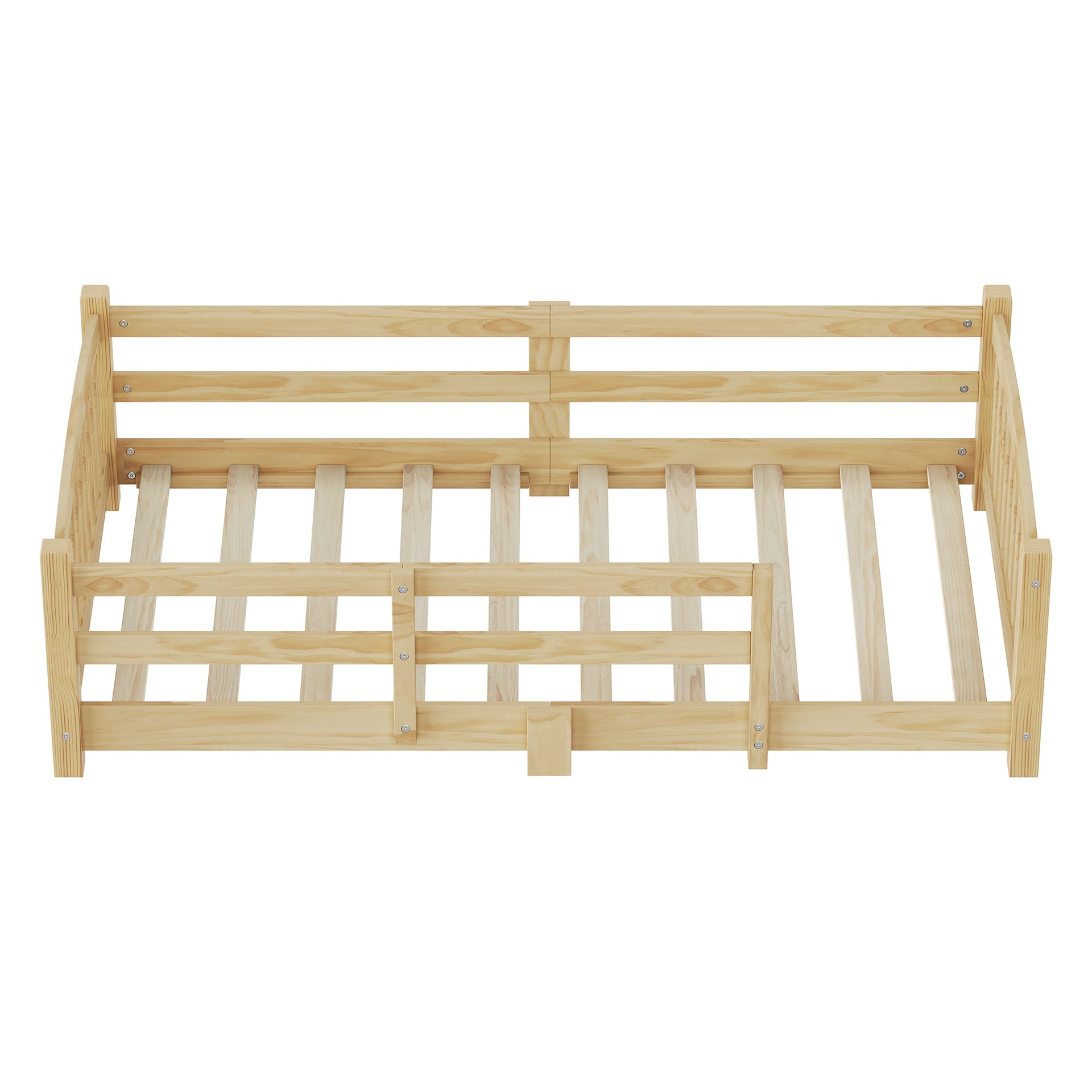Twin Montessori Floor Bed with Slats and Safety Guardrails, Solid Wood Floor Bed with Fence and Without Door, Easy Assemble Montessori Bed for Girls and Boys, Natural