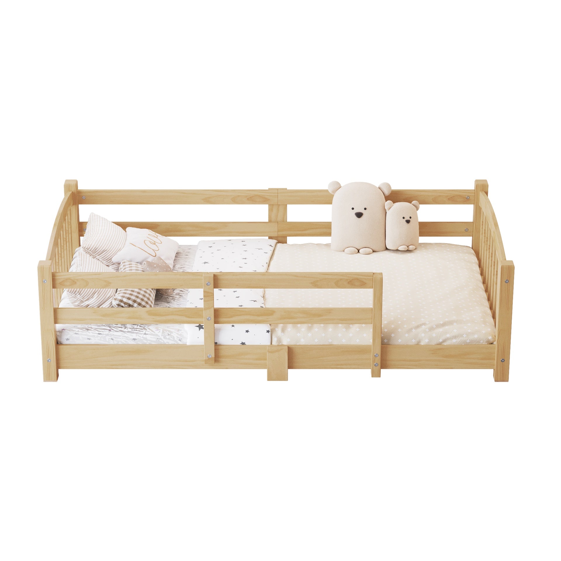 Twin Montessori Floor Bed with Slats and Safety Guardrails, Solid Wood Floor Bed with Fence and Without Door, Easy Assemble Montessori Bed for Girls and Boys, Natural