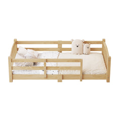 Twin Montessori Floor Bed with Slats and Safety Guardrails, Solid Wood Floor Bed with Fence and Without Door, Easy Assemble Montessori Bed for Girls and Boys, Natural