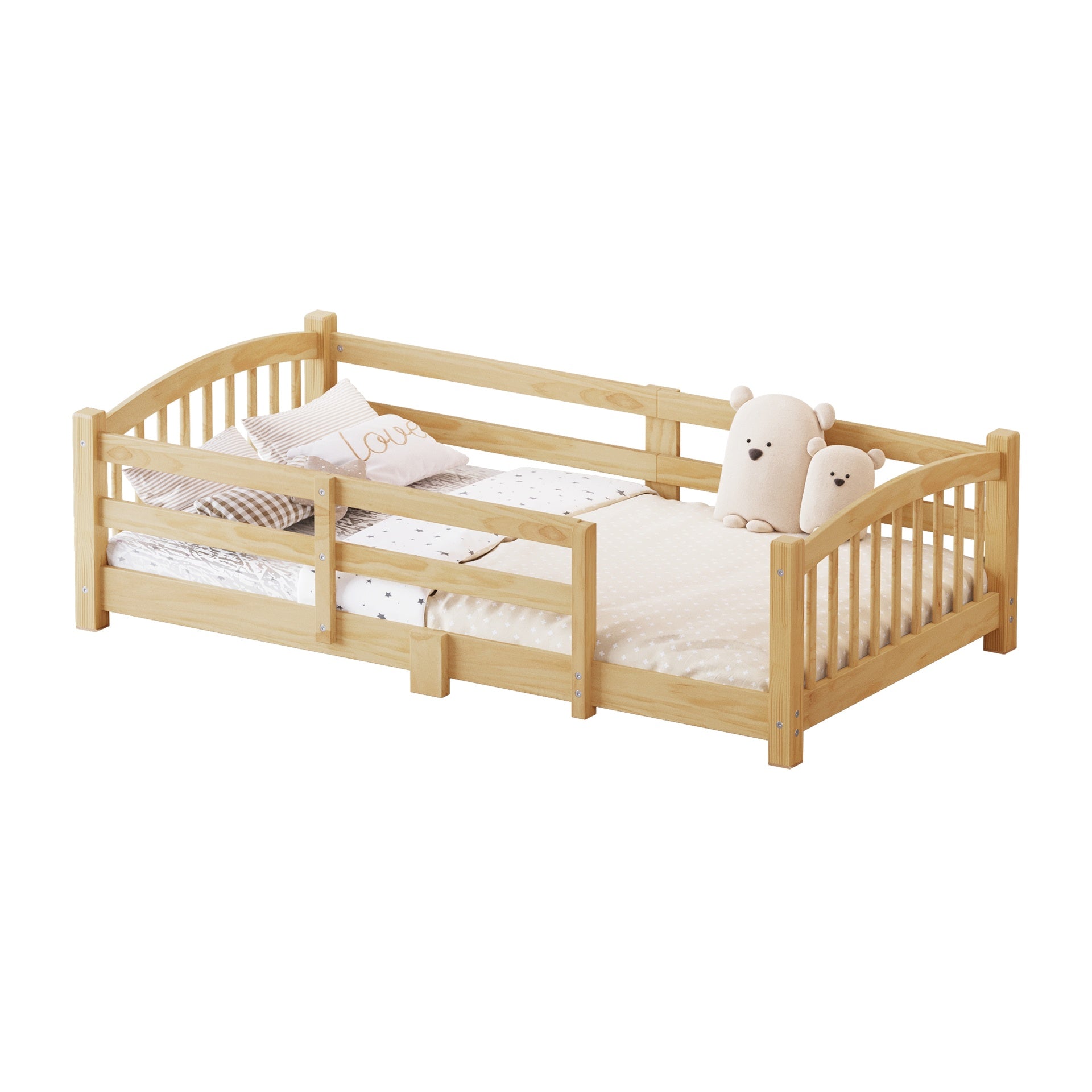 Twin Montessori Floor Bed with Slats and Safety Guardrails, Solid Wood Floor Bed with Fence and Without Door, Easy Assemble Montessori Bed for Girls and Boys, Natural