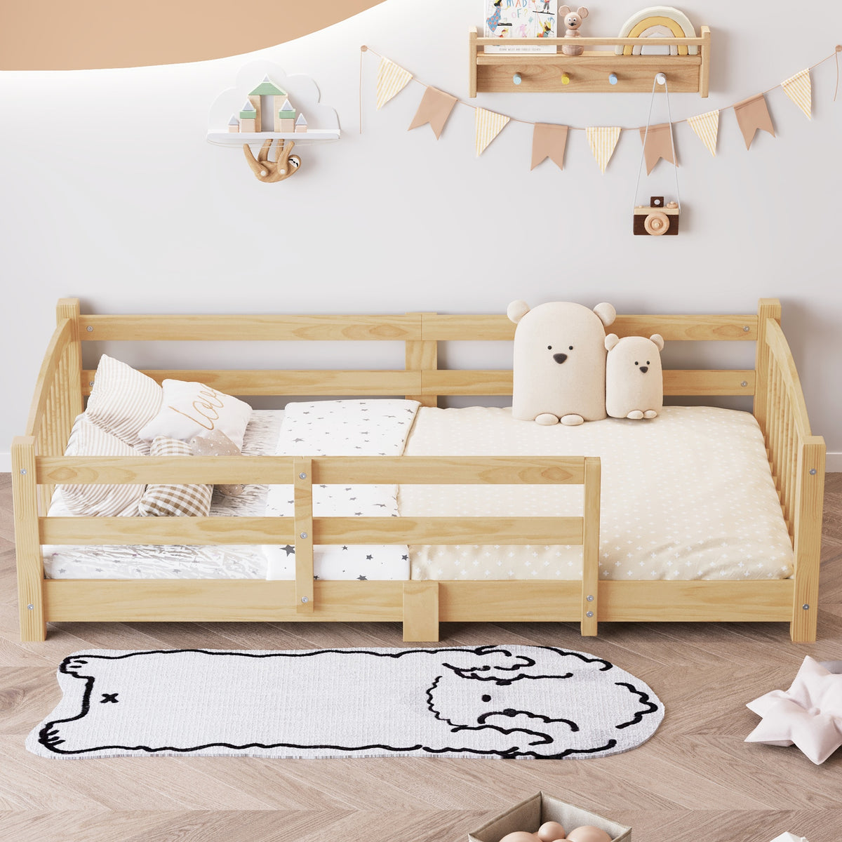 Twin Montessori Floor Bed with Slats and Safety Guardrails, Solid Wood Floor Bed with Fence and Without Door, Easy Assemble Montessori Bed for Girls and Boys, Natural