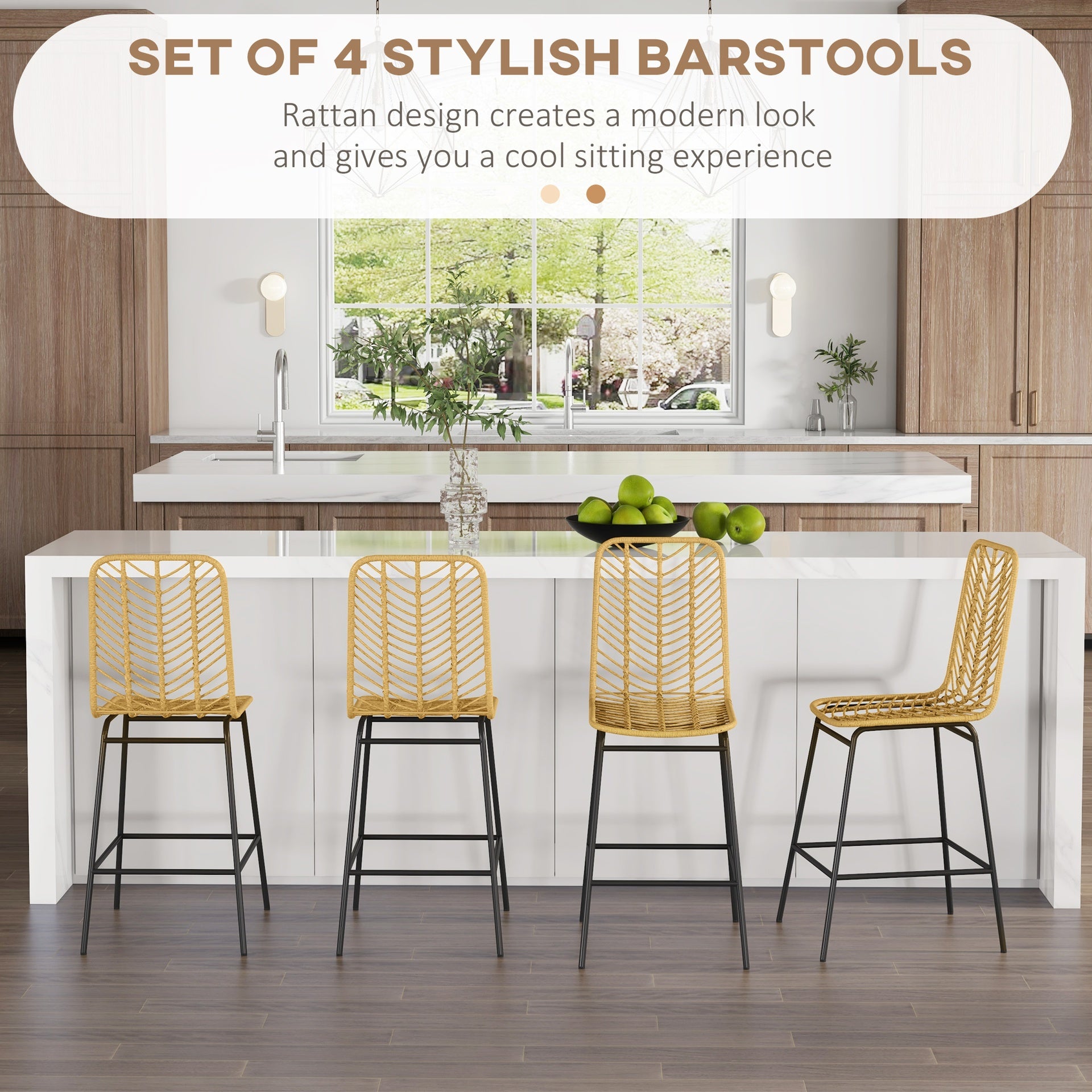 HOMCOM Rattan Bar Stools Set of 4, 26" Counter Height Barstools, Boho Kitchen Island Stools with Breathable Wicker Seat and Back, Yellow