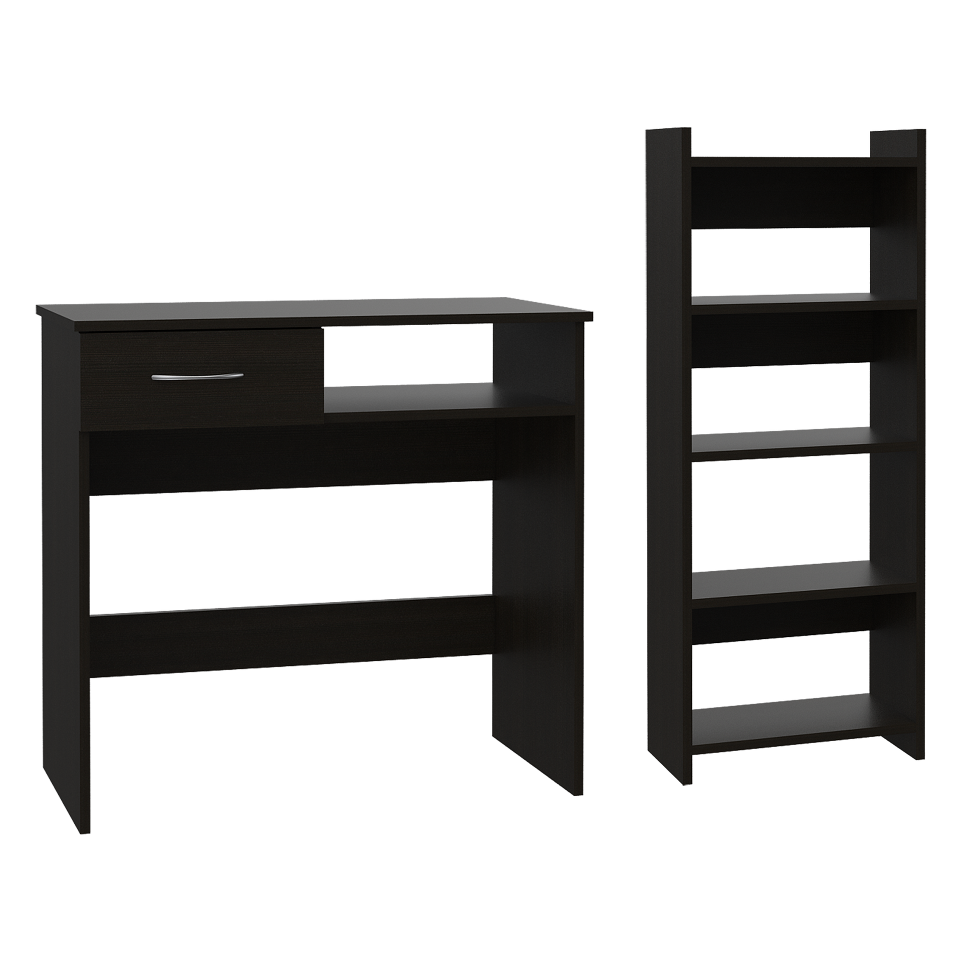 Home Office Set, Two Parts Set, One Drawer, Desktop, Keyboard Tray, Stand, Five Shelves, Black