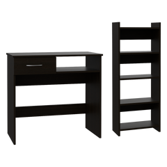 Home Office Set, Two Parts Set, One Drawer, Desktop, Keyboard Tray, Stand, Five Shelves, Black
