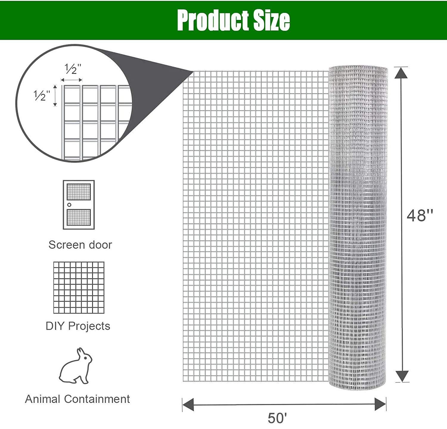 Hardware Cloth 1/2 inch 48in x 50ft 19 Gauge, Hot-dip Galvanized After Welding Chicken Wire Fence Roll Garden Plant Welded Metal Wire Fencing Roll, Rabbit Cages Snake Fence