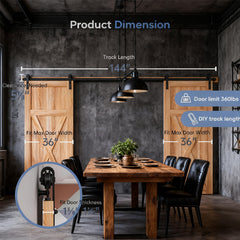 12FT Wood Double Sliding Barn Door Hardware Basic Black Big Spoke Wheel Roller Kit, 5-18FT for Choose